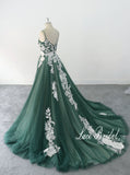 Green wedding dress, lace wedding dress, custom-made wedding dress, forest-themed wedding dress