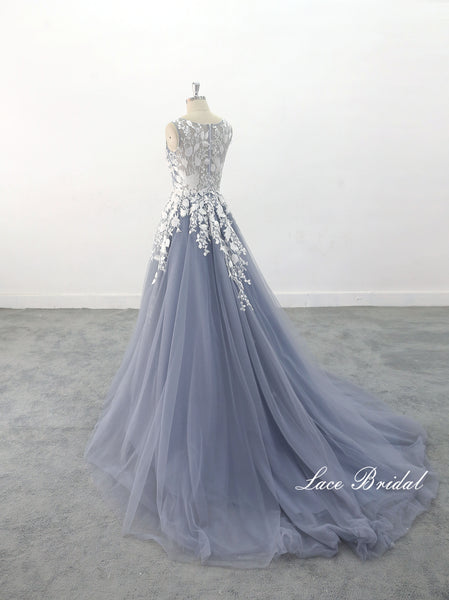 Gray-blue wedding dress, custom-made wedding dress, lace wedding dress