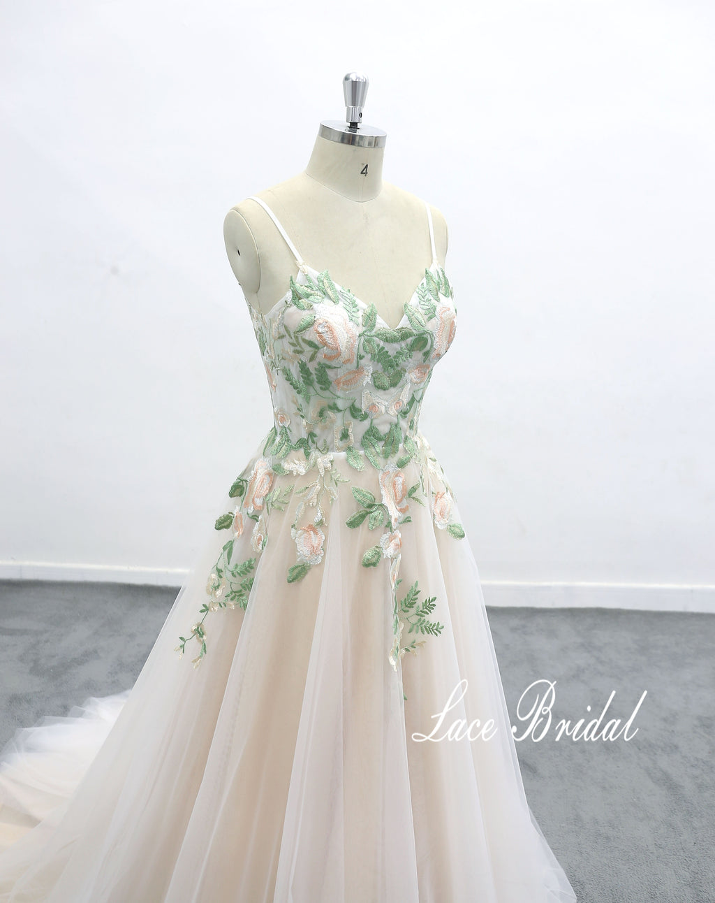 Light pink wedding dress, lace wedding dress, custom-made wedding dress