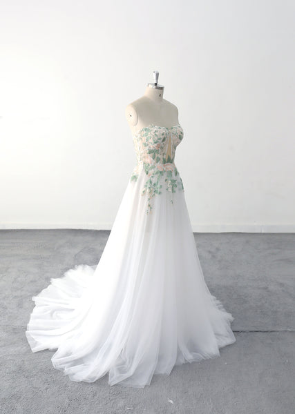 Ivory wedding dress, green lace wedding dress, custom-made wedding dress