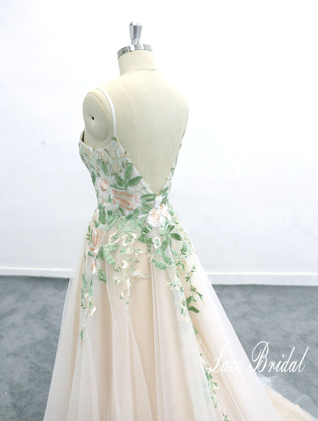 Light pink wedding dress, lace wedding dress, custom-made wedding dress