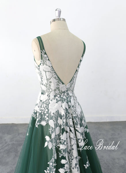 Dark green wedding dress, lace wedding dress, custom-made wedding dress