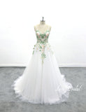 Ivory wedding dress, green lace, custom-made wedding dress