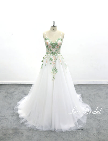 Ivory wedding dress, green lace, custom-made wedding dress