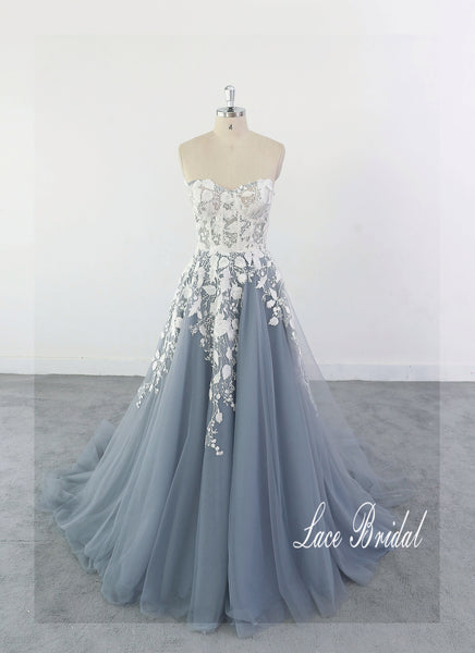 Gray-blue wedding dress, lace wedding dress, custom-made wedding dress