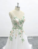 Ivory wedding dress, green lace, custom-made wedding dress