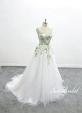 Vestido de novia color marfil, encaje verde, vestido de novia hecho a medida