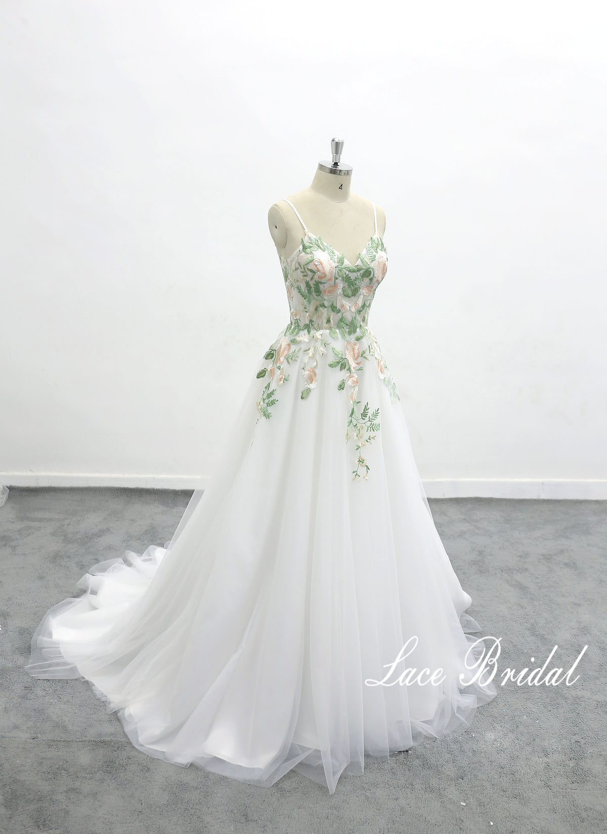 Ivory wedding dress, green lace, custom-made wedding dress
