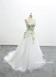 Ivory wedding dress, green lace, custom-made wedding dress