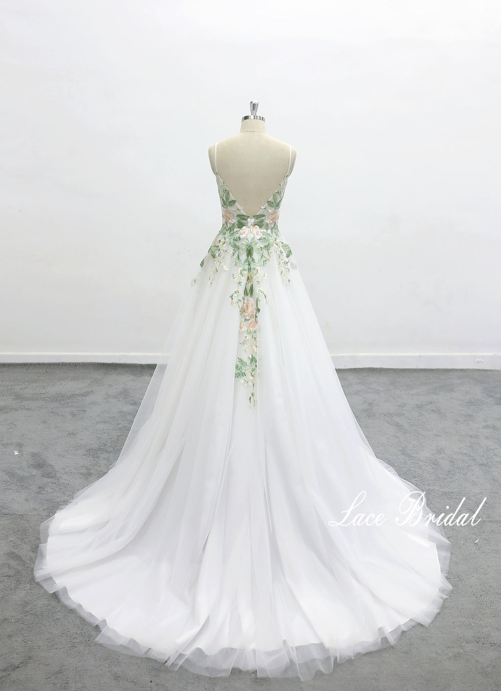 Vestido de novia color marfil, encaje verde, vestido de novia hecho a medida