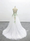 Ivory wedding dress, green lace, custom-made wedding dress