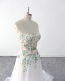 Ivory wedding dress, green lace wedding dress, custom-made wedding dress