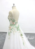 Ivory wedding dress, green lace, custom-made wedding dress