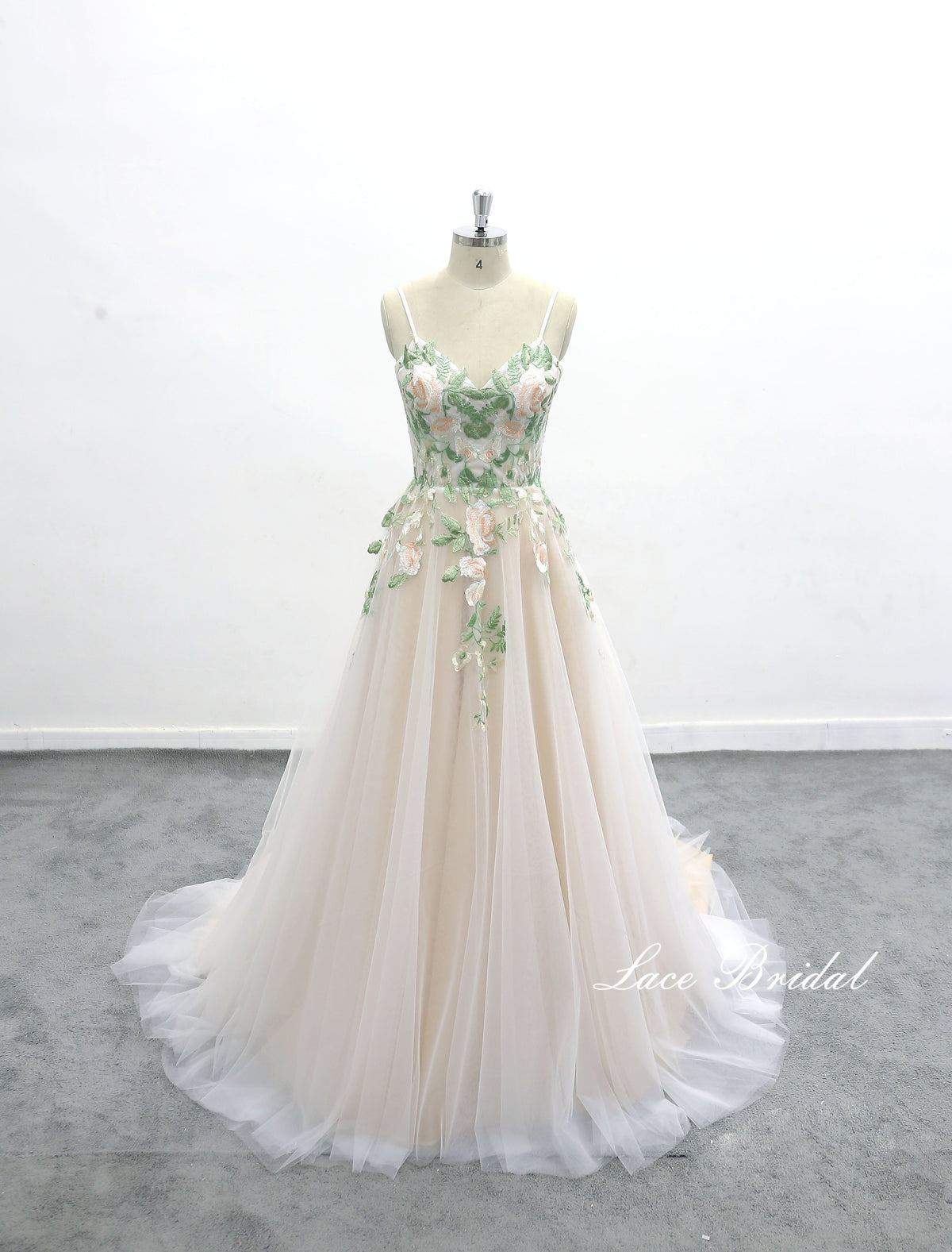 Light pink wedding dress, lace wedding dress, custom-made wedding dress