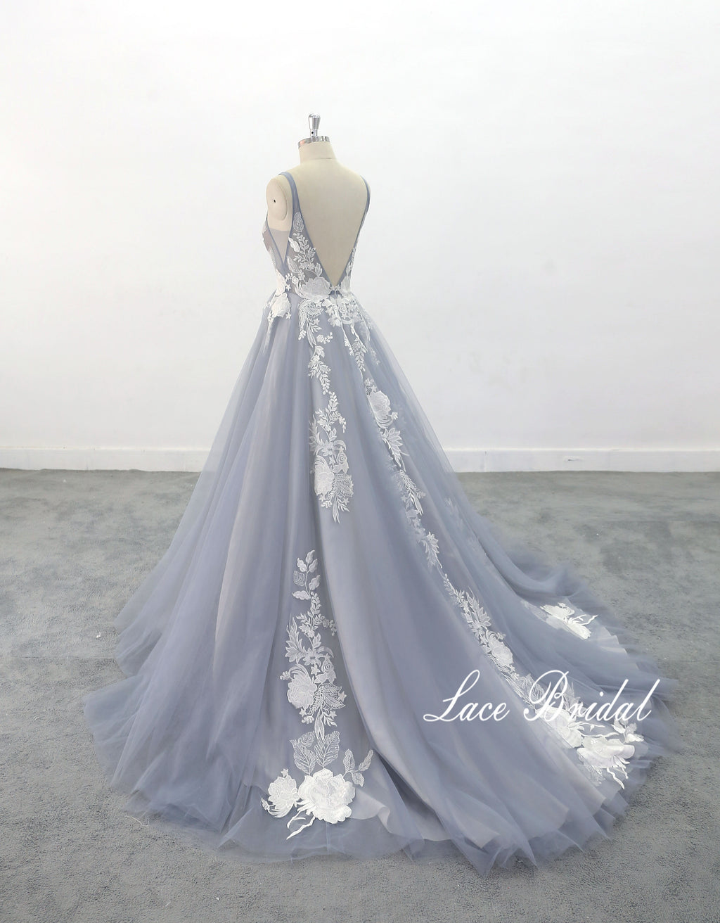 Vestido de novia gris azulado, vestido de novia hecho a medida, vestido de novia de encaje