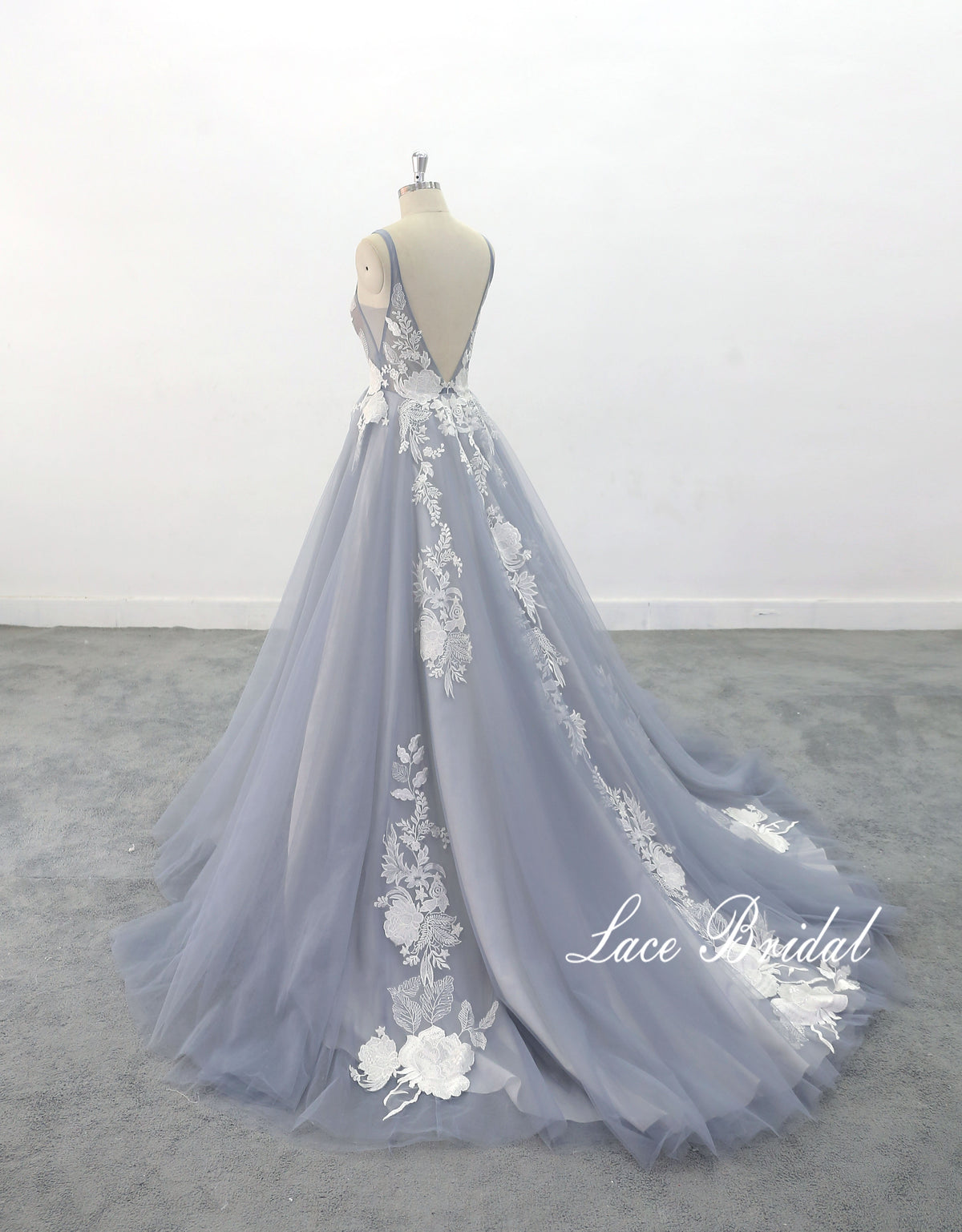 Gray-blue wedding dress, custom-made wedding dress, lace wedding dress