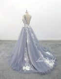 Gray-blue wedding dress, custom-made wedding dress, lace wedding dress