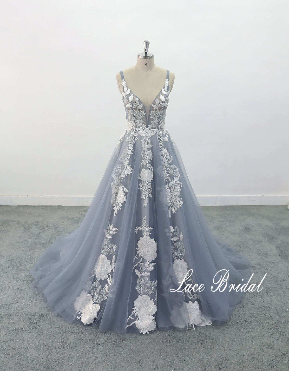 Gray-blue wedding dress, custom-made wedding dress, lace wedding dress