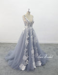 Vestido de novia gris azulado, vestido de novia hecho a medida, vestido de novia de encaje