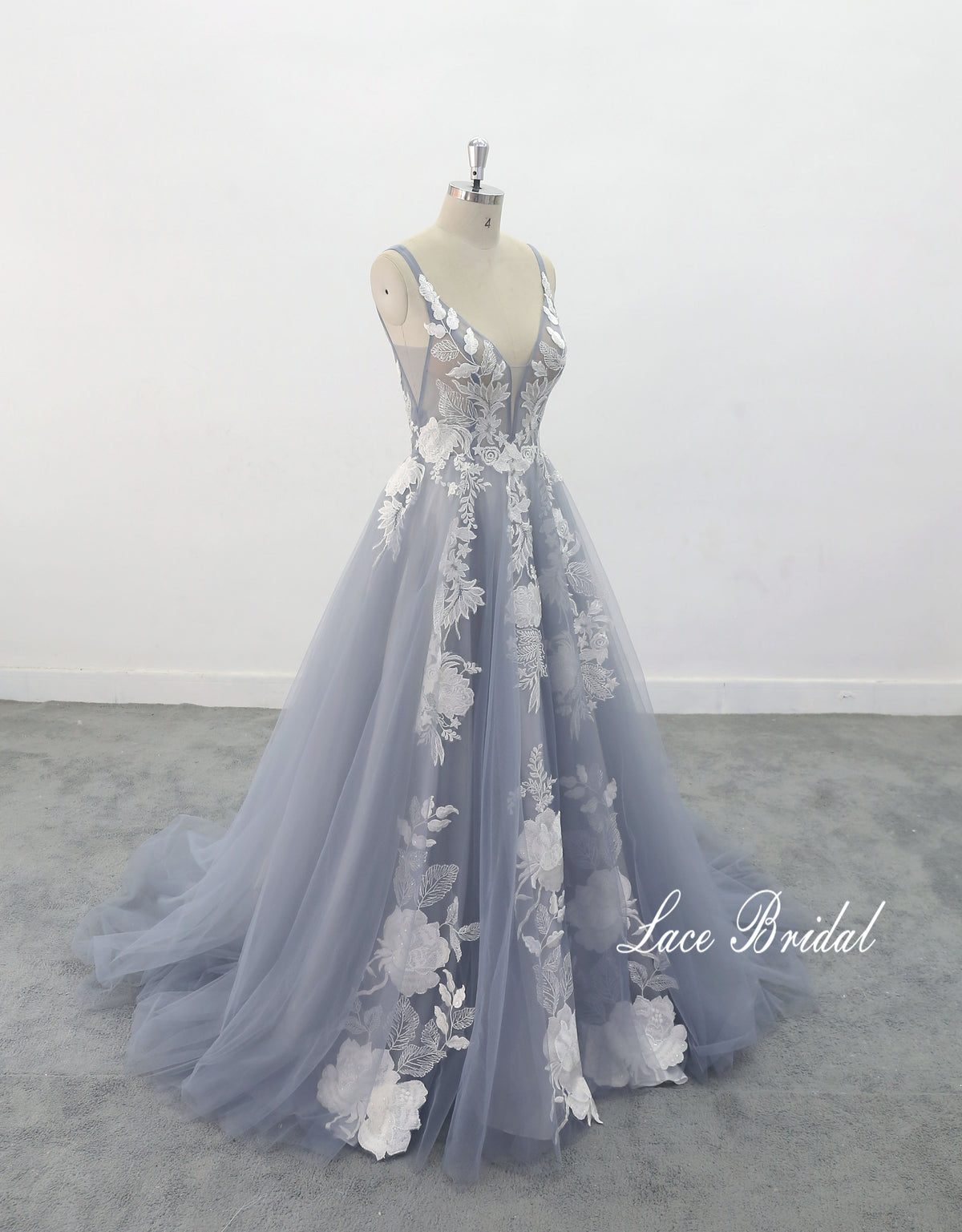 Gray-blue wedding dress, custom-made wedding dress, lace wedding dress