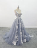 Gray-blue wedding dress, custom-made wedding dress, lace wedding dress