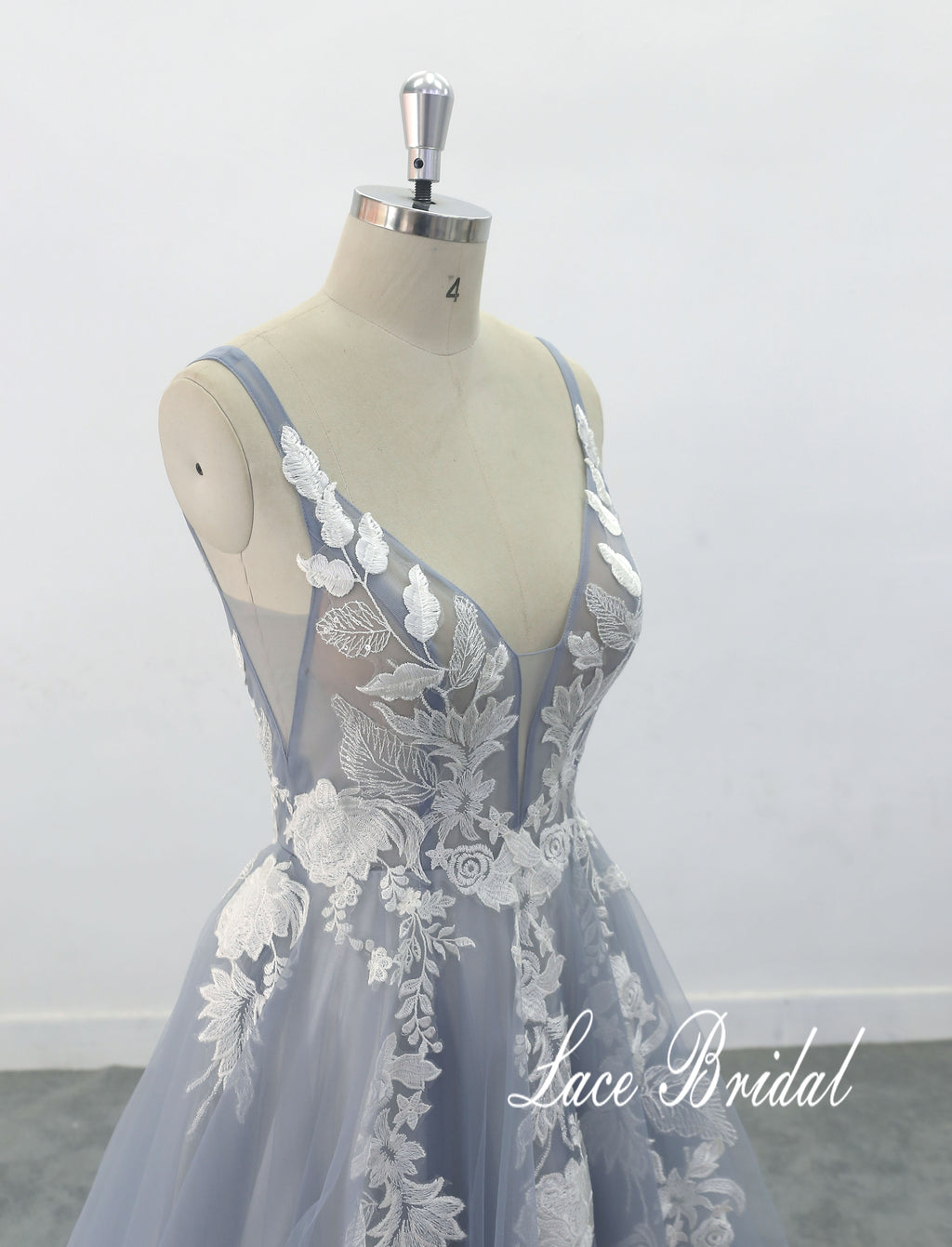 Vestido de novia gris azulado, vestido de novia hecho a medida, vestido de novia de encaje