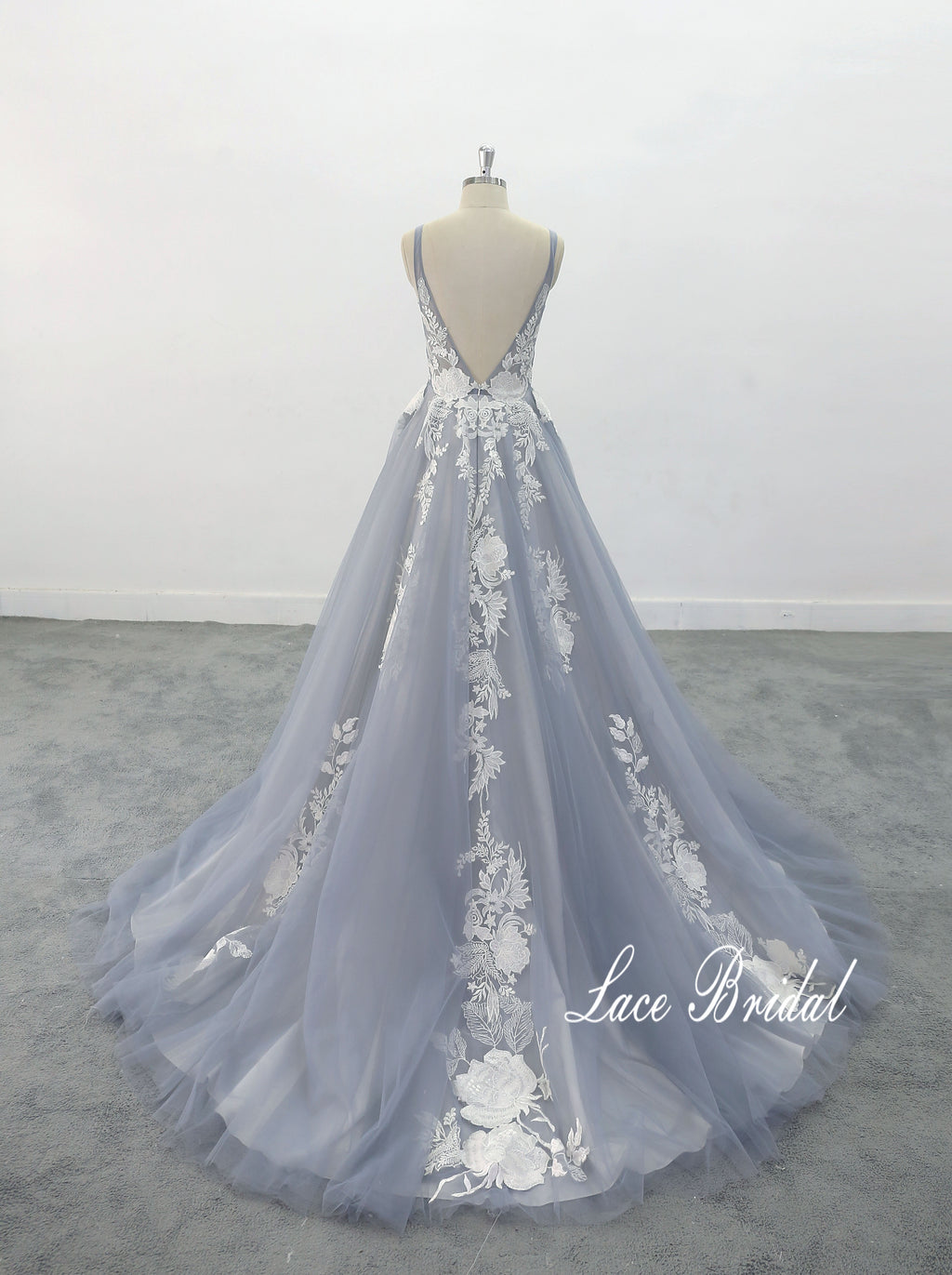 Vestido de novia gris azulado, vestido de novia hecho a medida, vestido de novia de encaje