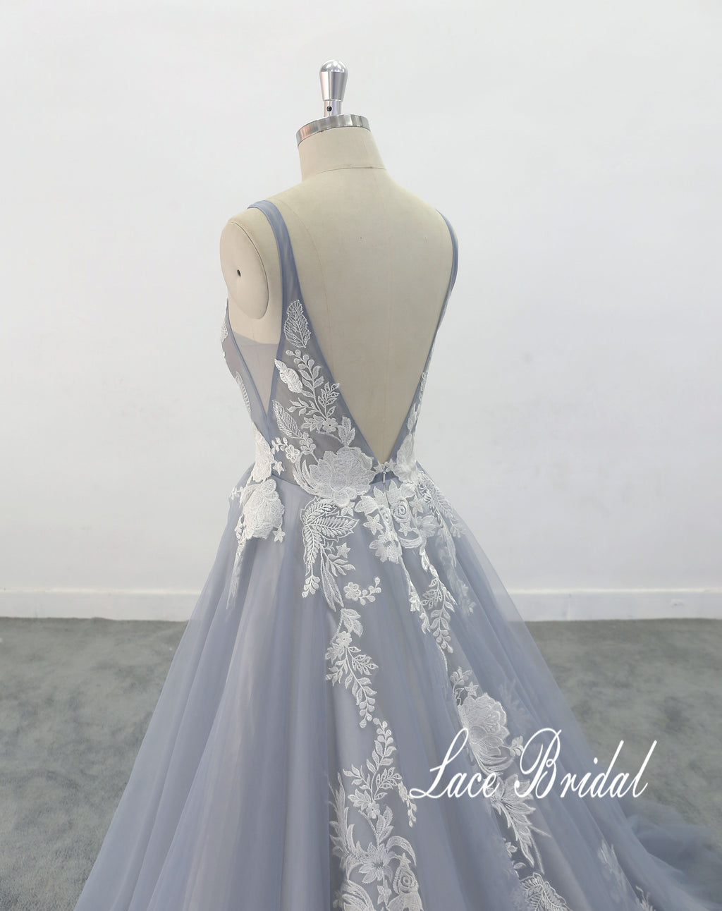 Vestido de novia gris azulado, vestido de novia hecho a medida, vestido de novia de encaje