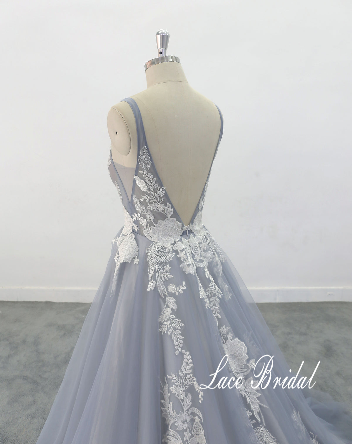 Vestido de novia gris azulado, vestido de novia hecho a medida, vestido de novia de encaje