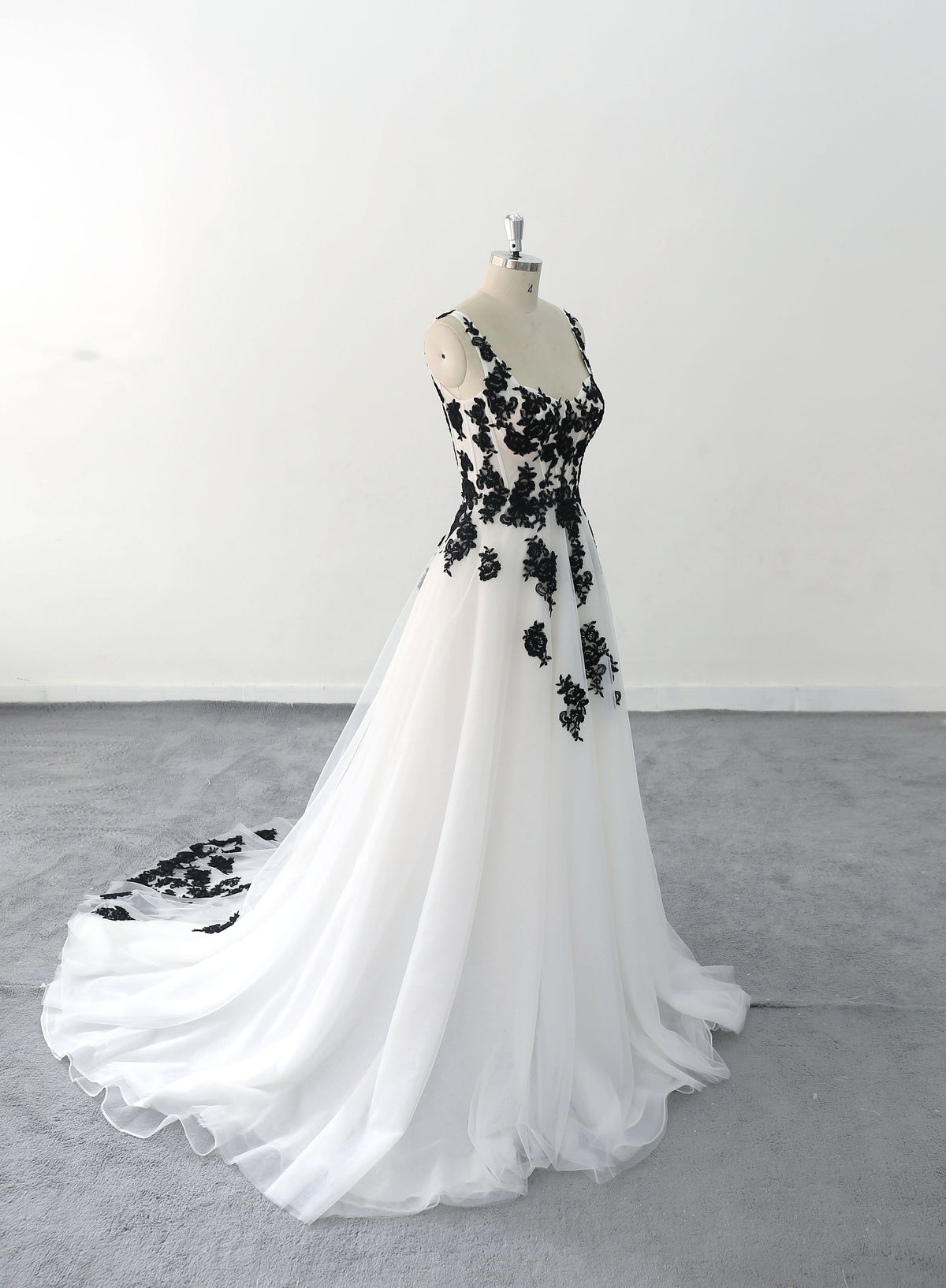 Ivory white wedding dress, black floral lace wedding dress, custom-made wedding dress