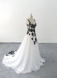 Ivory white wedding dress, black floral lace wedding dress, custom-made wedding dress