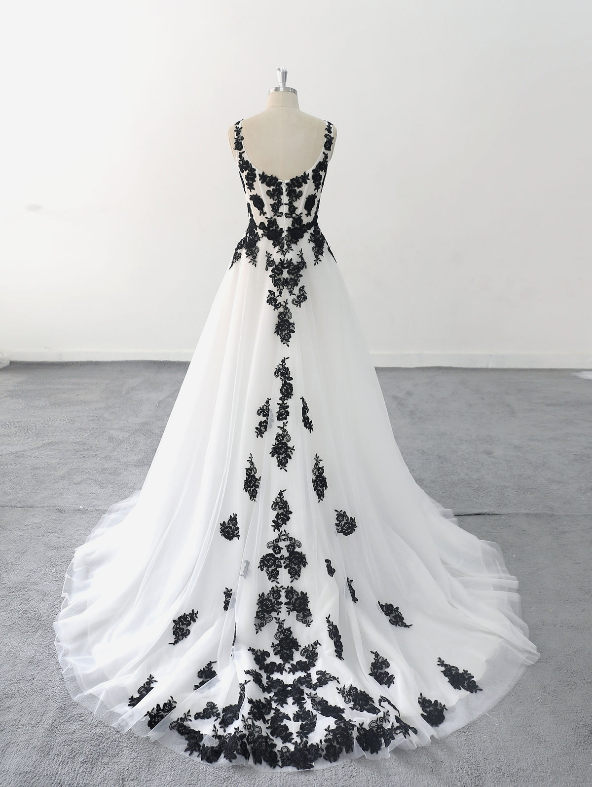 Ivory white wedding dress, black floral lace wedding dress, custom-made wedding dress