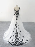 Ivory white wedding dress, black floral lace wedding dress, custom-made wedding dress