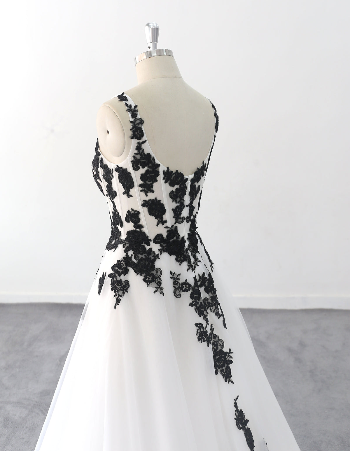 Ivory white wedding dress, black floral lace wedding dress, custom-made wedding dress