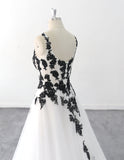 Ivory white wedding dress, black floral lace wedding dress, custom-made wedding dress