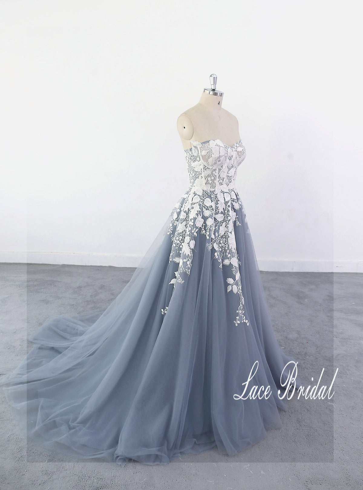 Dark gray-blue wedding dress, lace wedding dress, custom-made wedding dress