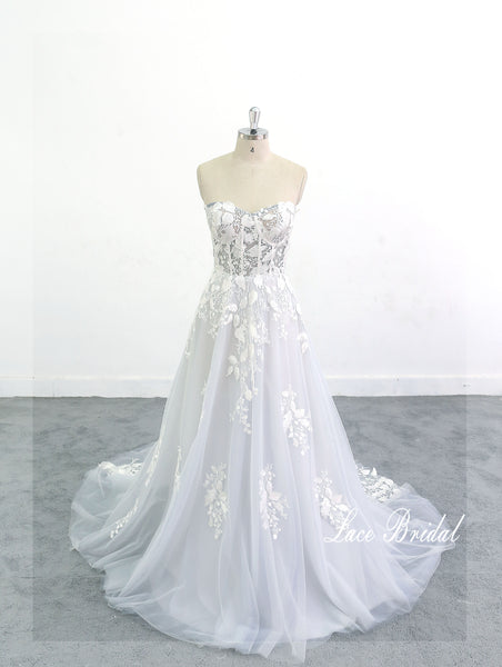 Light gray-blue and beige mixed wedding dress, lace wedding dress, custom-made wedding dress