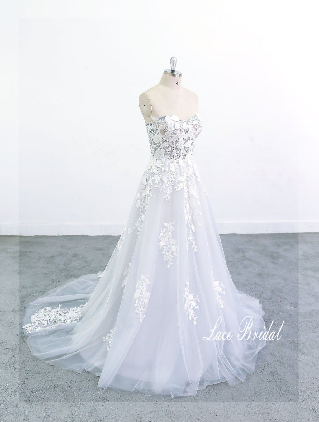 Light gray-blue and beige mixed wedding dress, lace wedding dress, custom-made wedding dress