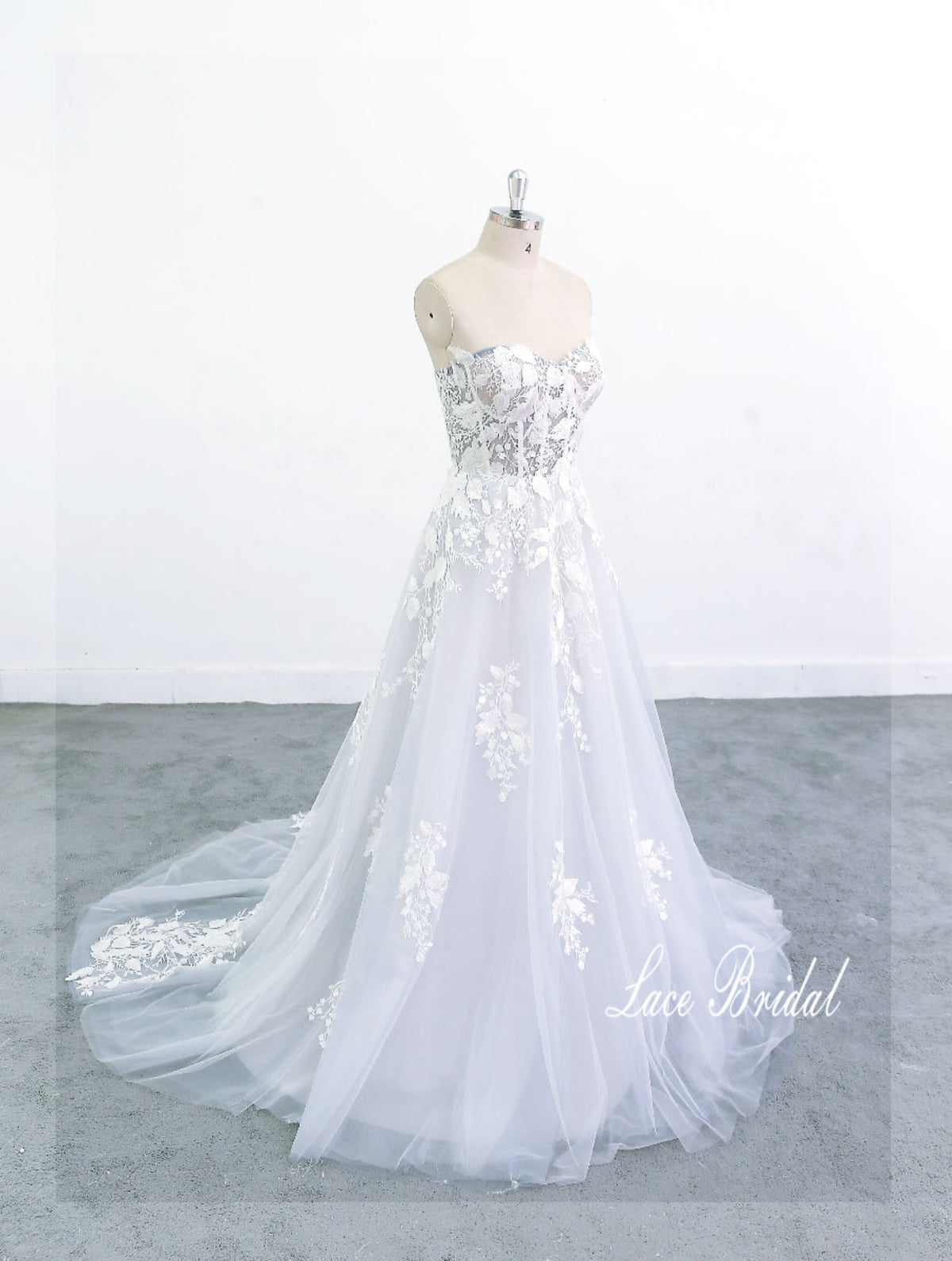 Light gray-blue and beige mixed wedding dress, lace wedding dress, custom-made wedding dress