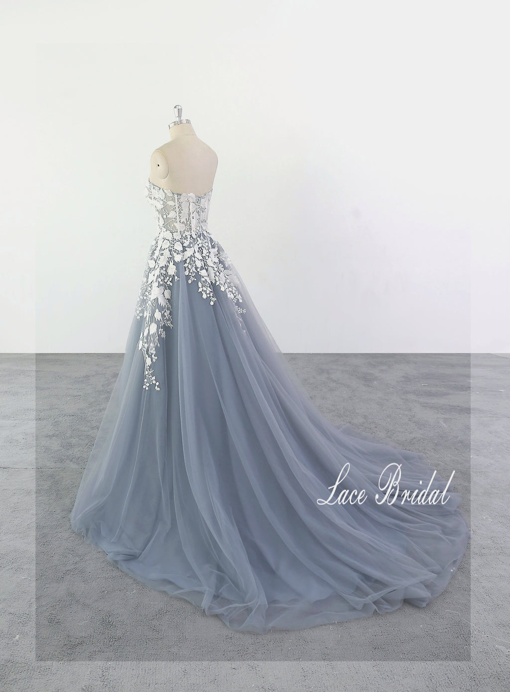 Dark gray-blue wedding dress, lace wedding dress, custom-made wedding dress