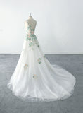 Ivory wedding dress, green lace wedding dress, custom-made wedding dress
