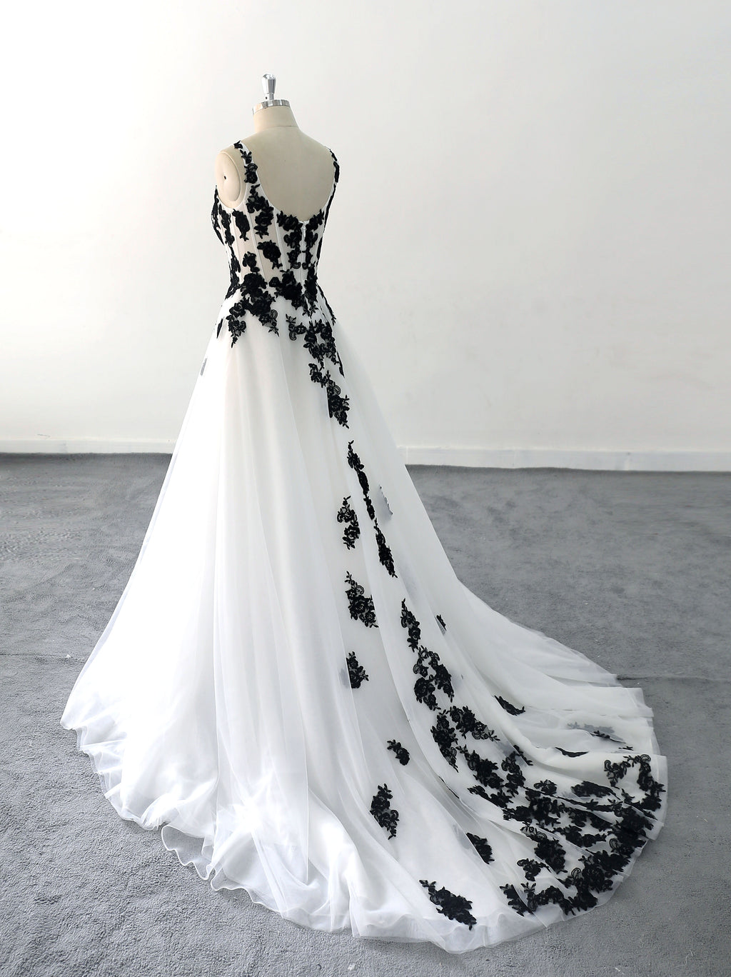Ivory white wedding dress, black floral lace wedding dress, custom-made wedding dress