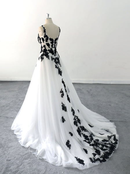 Ivory white wedding dress, black floral lace wedding dress, custom-made wedding dress