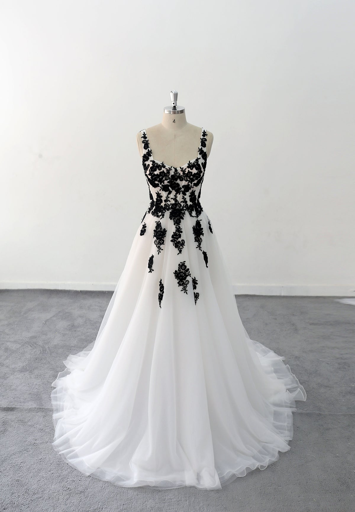 Ivory white wedding dress, black floral lace wedding dress, custom-made wedding dress