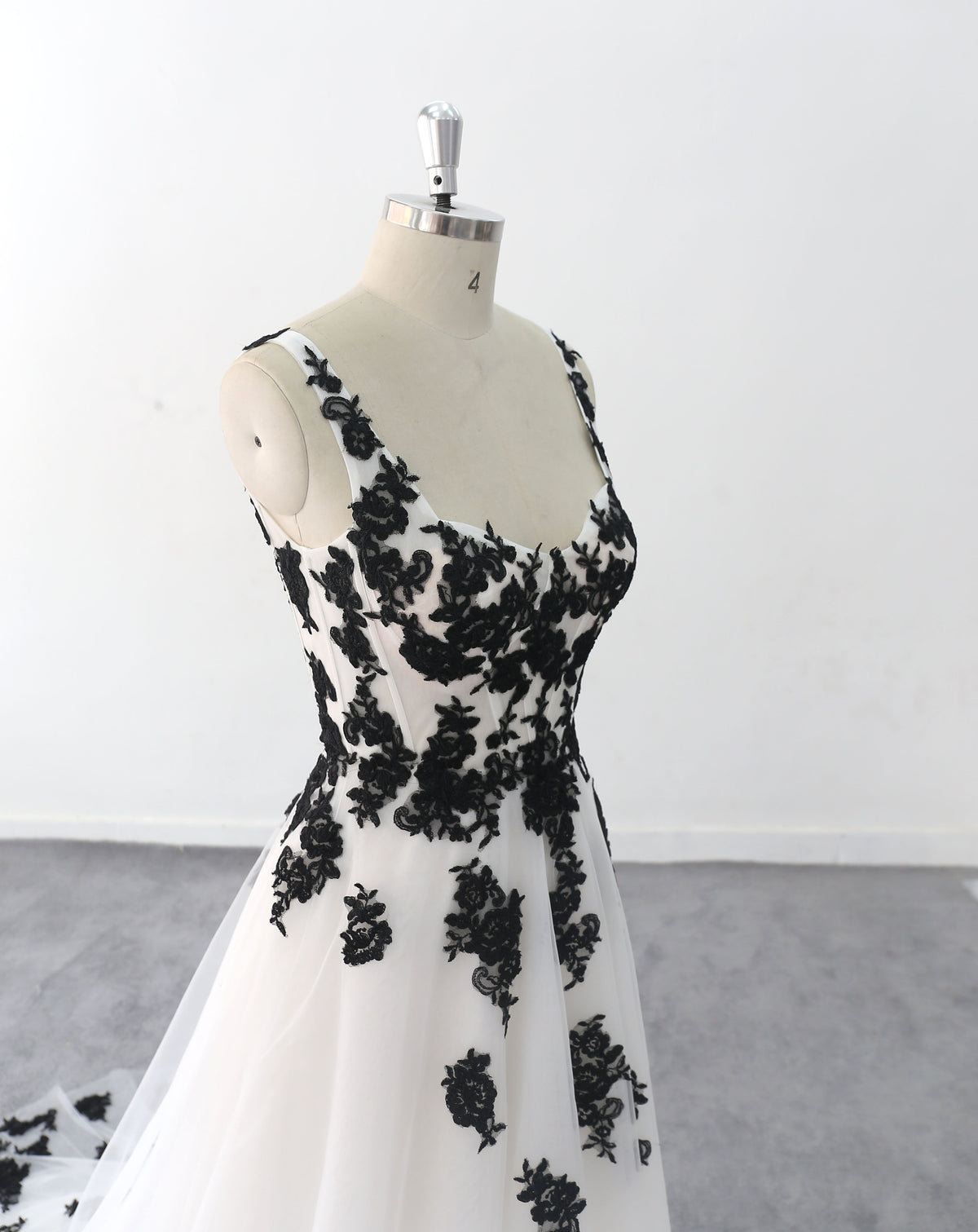 Ivory white wedding dress, black floral lace wedding dress, custom-made wedding dress