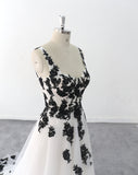 Ivory white wedding dress, black floral lace wedding dress, custom-made wedding dress
