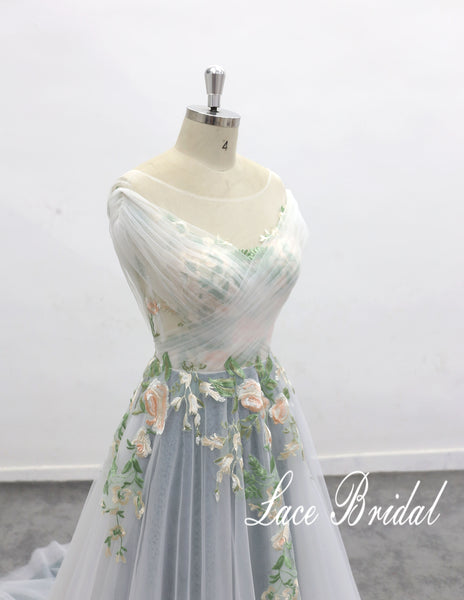 Light blue wedding dress, green lace wedding dress, custom-made wedding dress