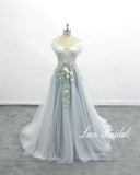 Light blue wedding dress, green lace wedding dress, custom-made wedding dress