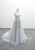 Light blue wedding dress, green lace wedding dress, custom-made wedding dress