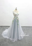 Light blue wedding dress, green lace wedding dress, custom-made wedding dress